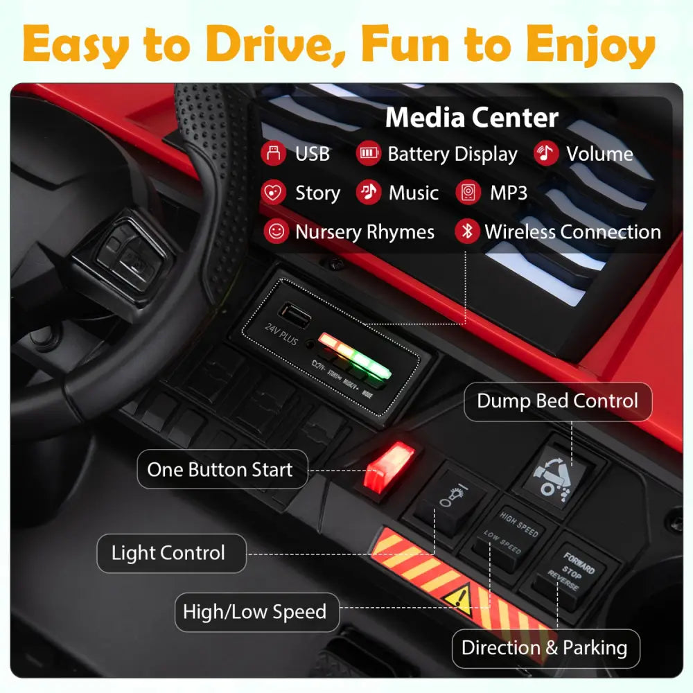 24V 2-Seater Kids Ride on Dump Truck 4WD with Electric Dump Bed and Lights-Red - Red - Powered Ride On Toys
