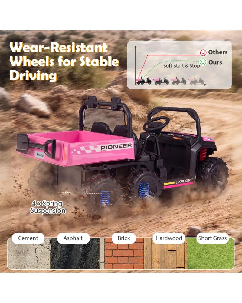 24V 2-Seater Kids Ride on Dump Truck 4WD with Electric Dump Bed and Lights-Pink - Pink - Powered Ride On Toys