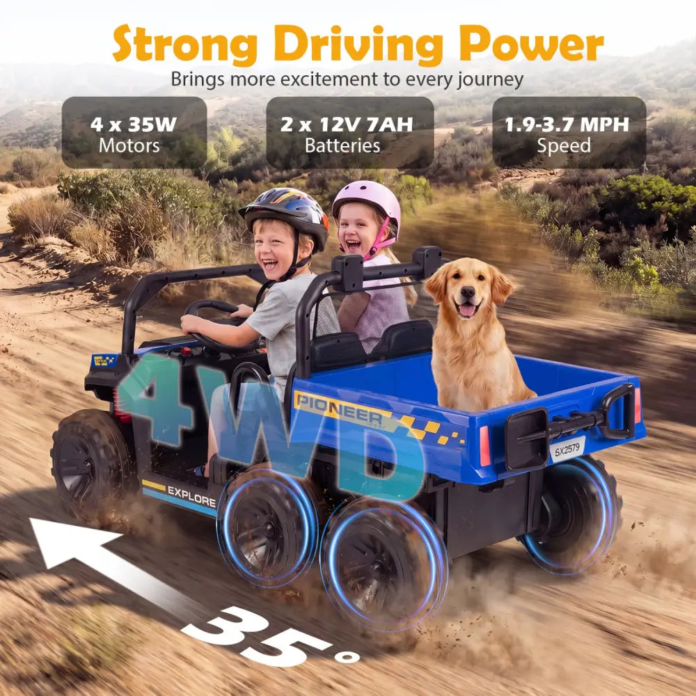 24V 2-Seater Kids Ride on Dump Truck 4WD with Electric Dump Bed and Lights-Navy - Navy - Powered Ride On Toys