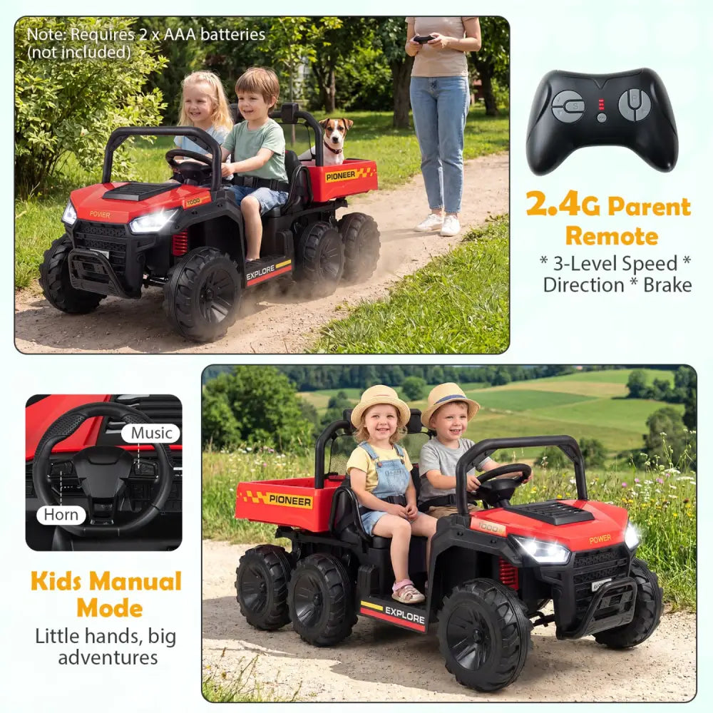 24V 2-Seater Kids Ride on Dump Truck 4WD with Electric Dump Bed and Lights-Red - Red - Powered Ride On Toys
