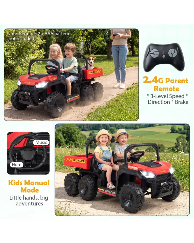 24V 2-Seater Kids Ride on Dump Truck 4WD with Electric Dump Bed and Lights-Red - Red - Powered Ride On Toys
