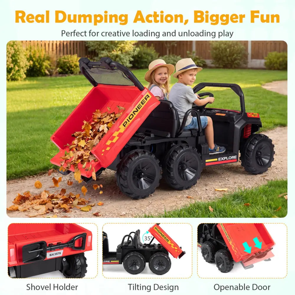 24V 2-Seater Kids Ride on Dump Truck 4WD with Electric Dump Bed and Lights-Red - Red - Powered Ride On Toys