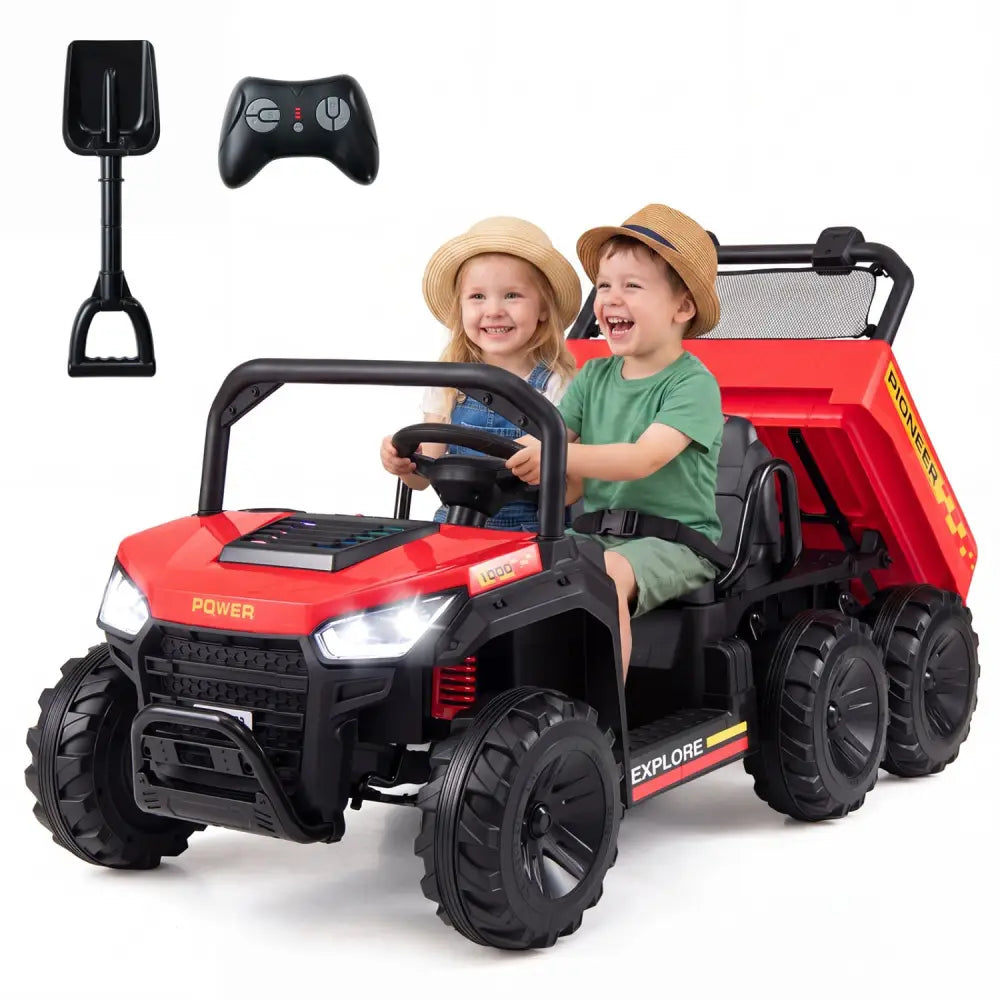 24V 2-Seater Kids Ride on Dump Truck 4WD with Electric Dump Bed and Lights-Red - Red - Powered Ride On Toys
