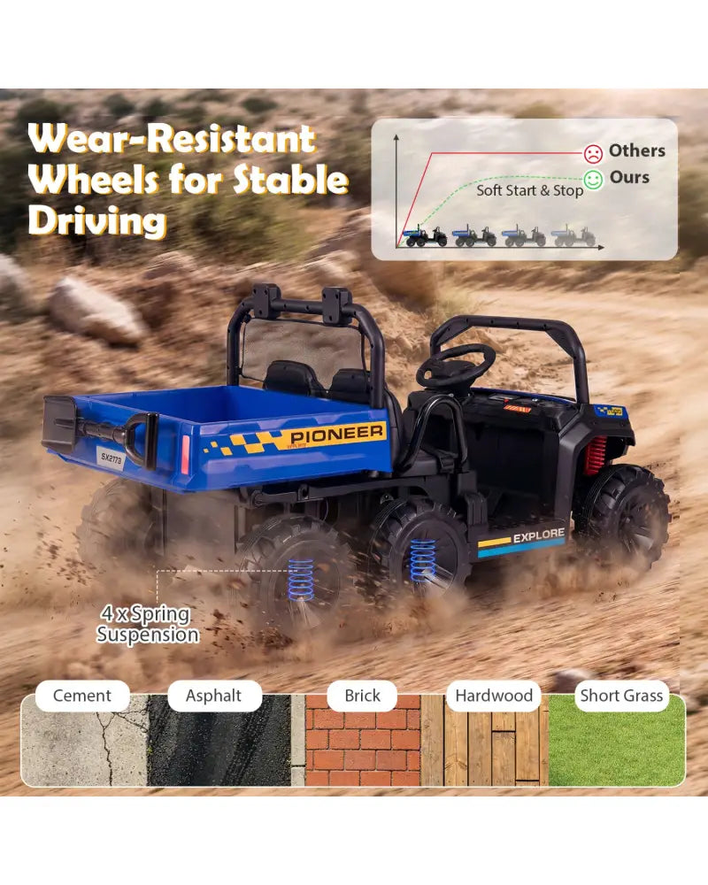24V 2-Seater Kids Ride on Dump Truck 4WD with Electric Dump Bed and Lights-Navy - Navy - Powered Ride On Toys