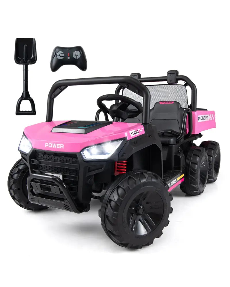 24V 2-Seater Kids Ride on Dump Truck 4WD with Electric Dump Bed and Lights-Pink - Pink - Powered Ride On Toys