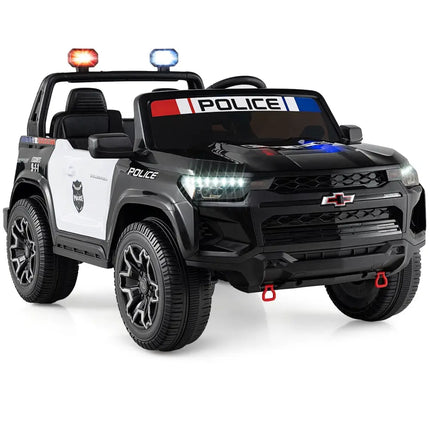 24V 2 - Seater Ride on Police Car 4WD Chevrolet with Megaphone and LED Flashing Lights - Black - Oasis Home Essentials