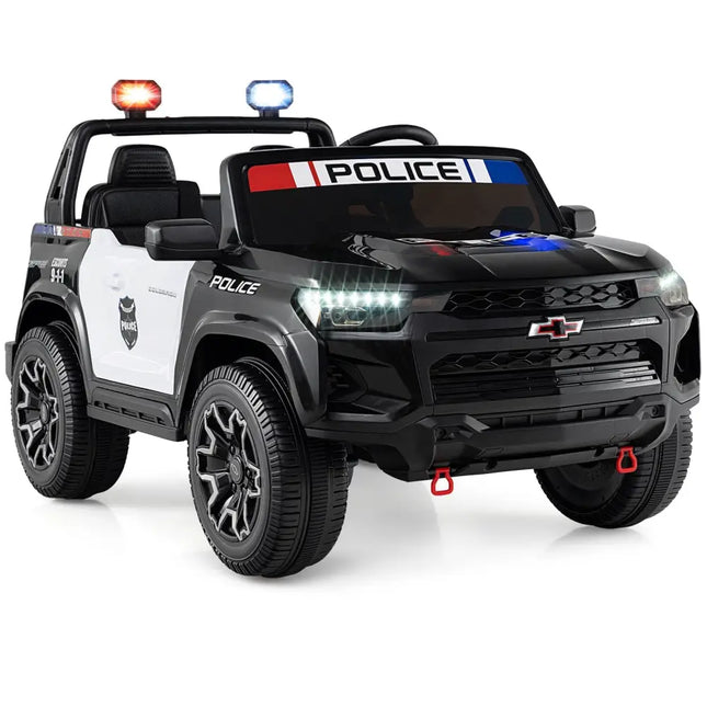 24V 2 - Seater Ride on Police Car 4WD Chevrolet with Megaphone and LED Flashing Lights - Black - Oasis Home Essentials