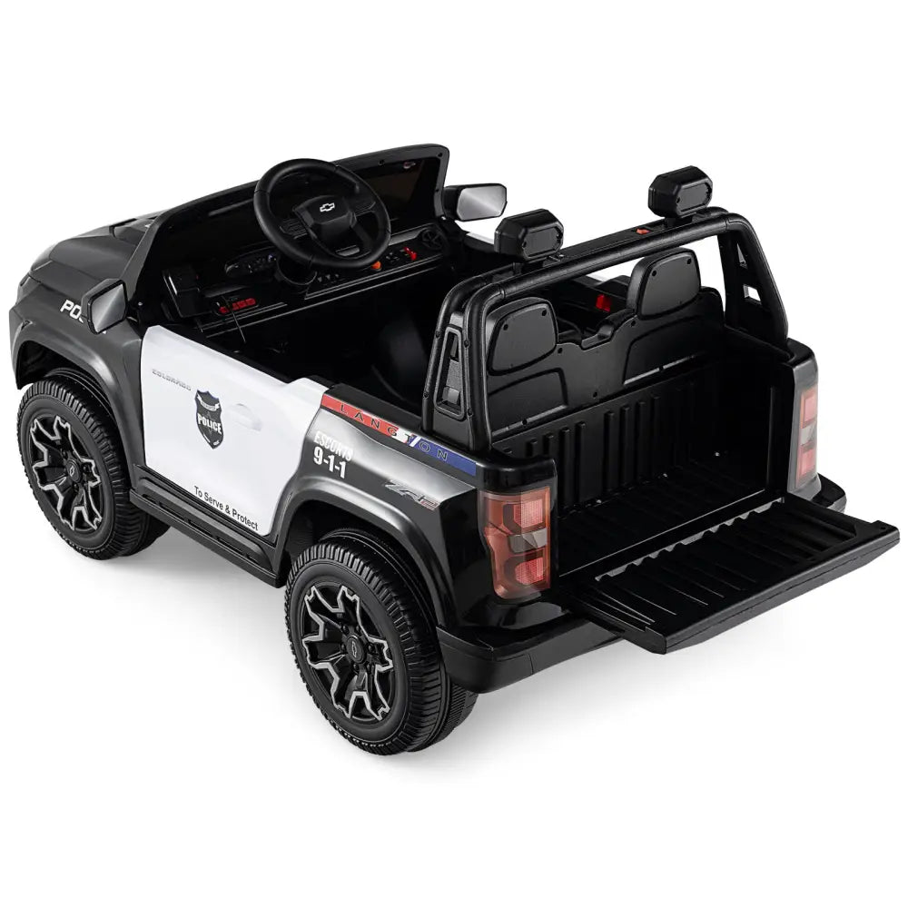 24V 2-Seater Ride on Police Car 4WD Chevrolet with Megaphone and LED Flashing Lights-Black - Black & White - Powered