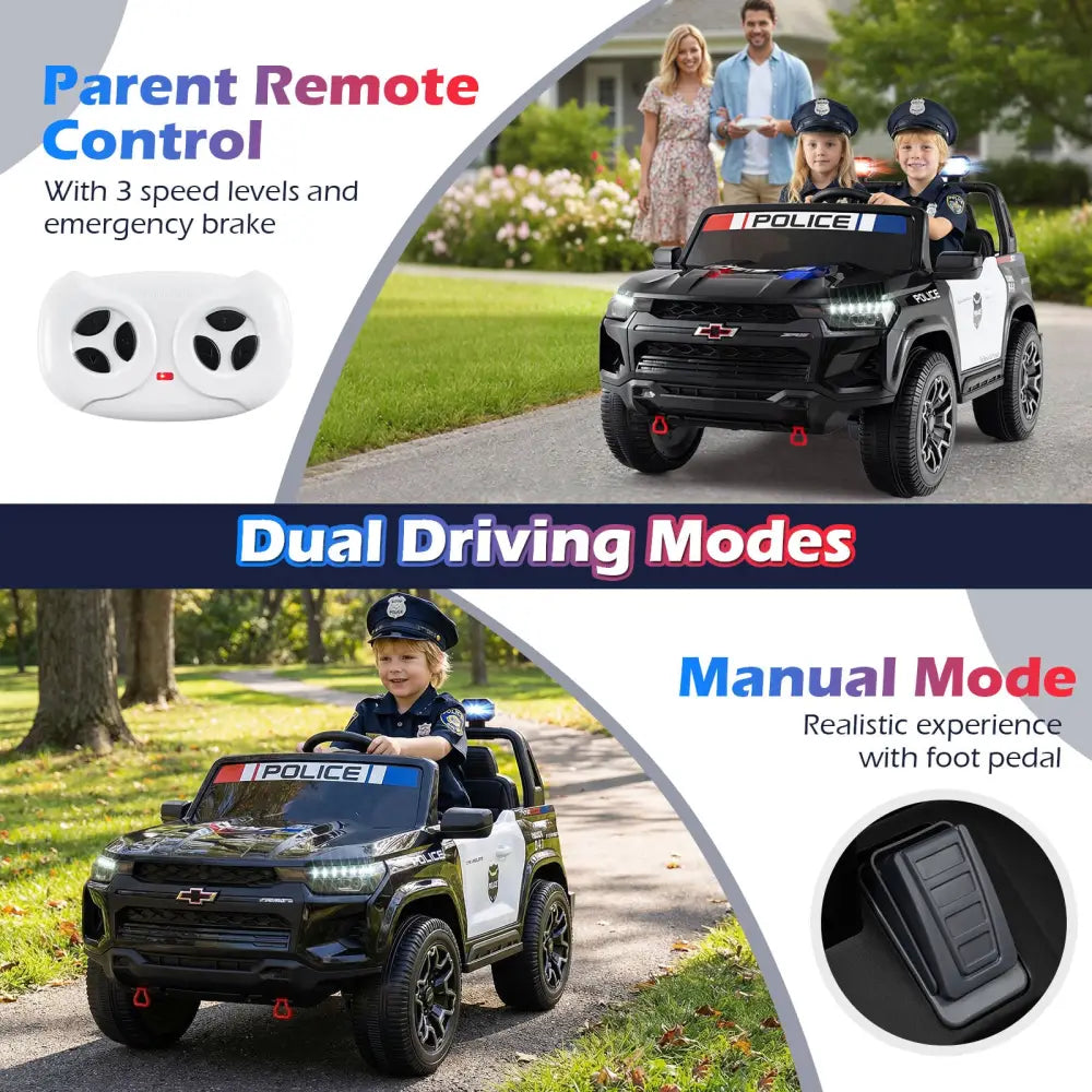 24V 2-Seater Ride on Police Car 4WD Chevrolet with Megaphone and LED Flashing Lights-Black - Black & White - Powered
