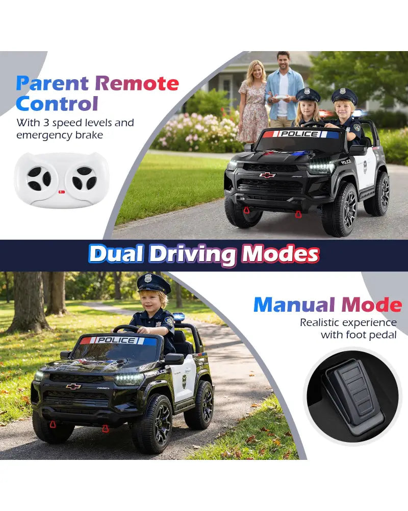 24V 2-Seater Ride on Police Car 4WD Chevrolet with Megaphone and LED Flashing Lights-Black - Black & White - Powered
