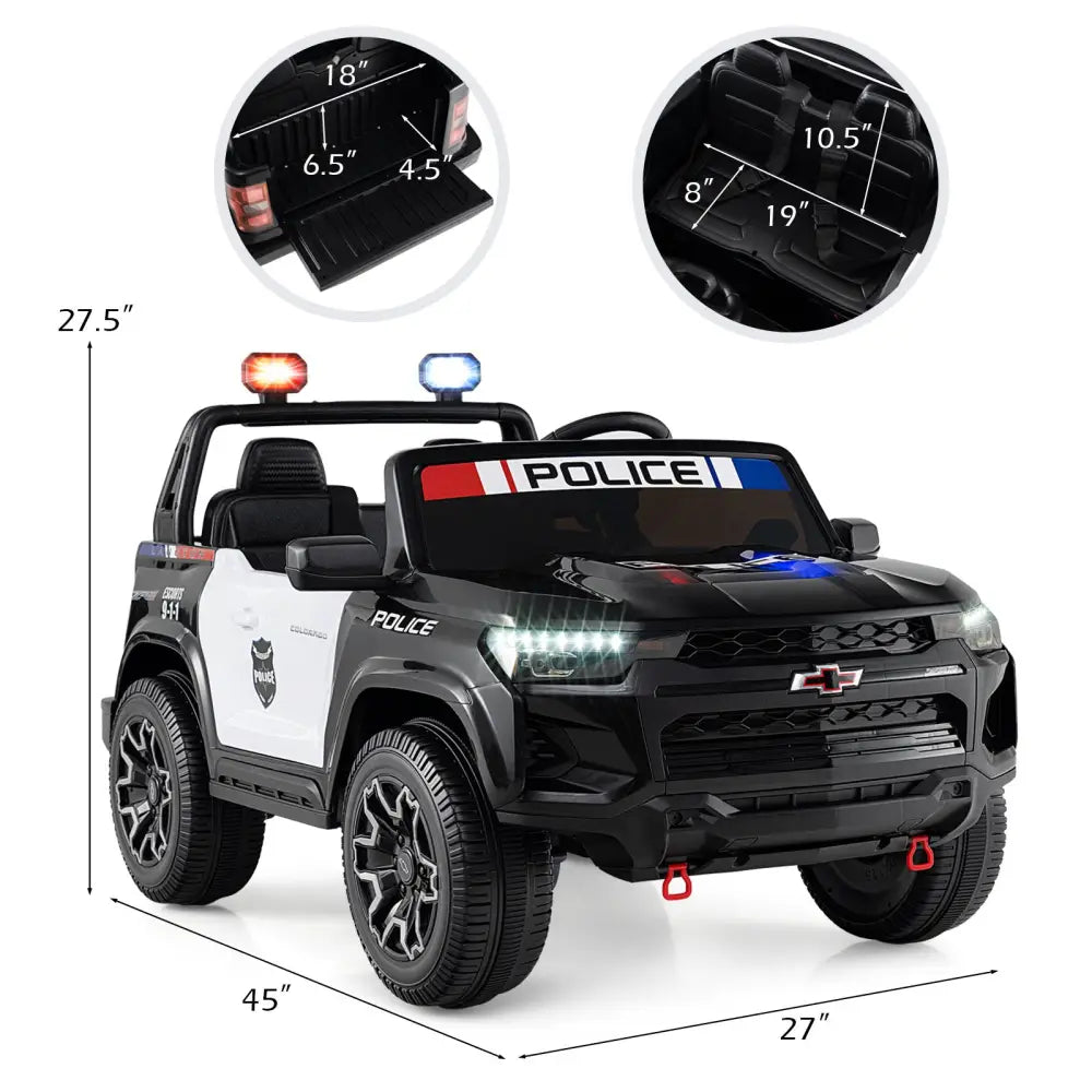 24V 2-Seater Ride on Police Car 4WD Chevrolet with Megaphone and LED Flashing Lights-Black - Black & White - Powered