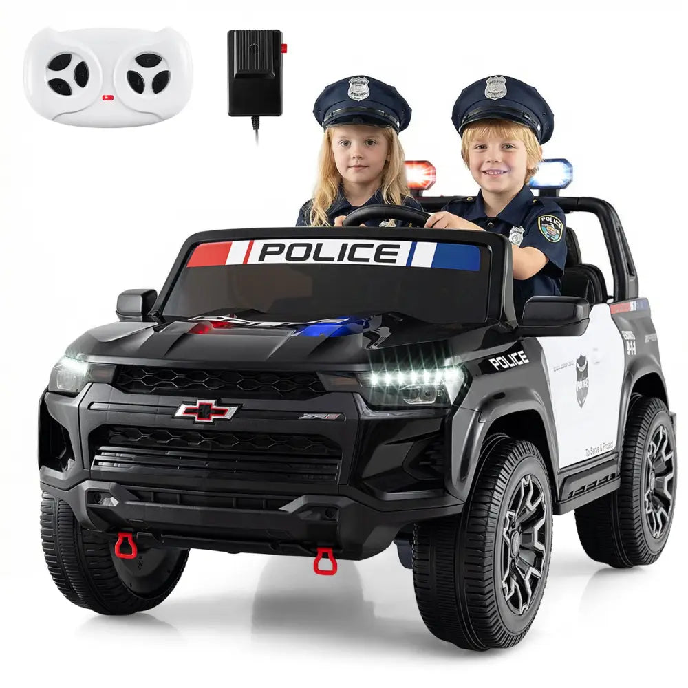 24V 2-Seater Ride on Police Car 4WD Chevrolet with Megaphone and LED Flashing Lights-Black - Black & White - Powered