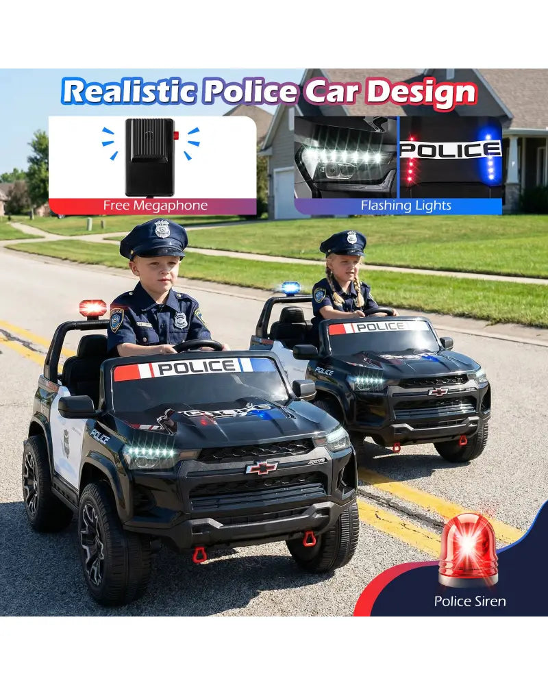 24V 2-Seater Ride on Police Car 4WD Chevrolet with Megaphone and LED Flashing Lights-Black - Black & White - Powered