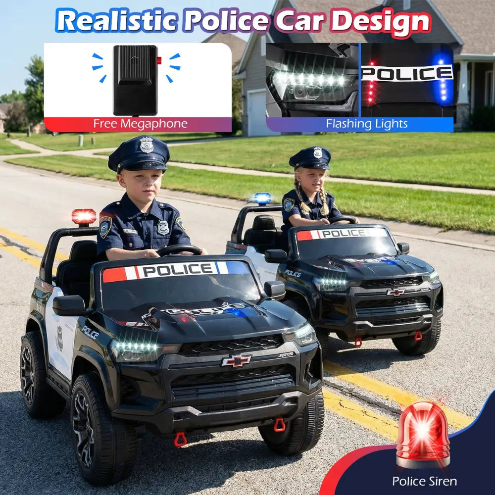 24V 2-Seater Ride on Police Car 4WD Chevrolet with Megaphone and LED Flashing Lights-Black - Black & White - Powered