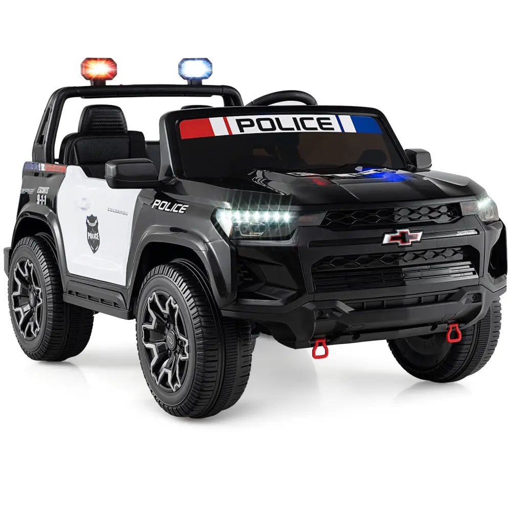 24V 2-Seater Ride on Police Car 4WD Chevrolet with Megaphone and LED Flashing Lights-Black - Black & White - Powered