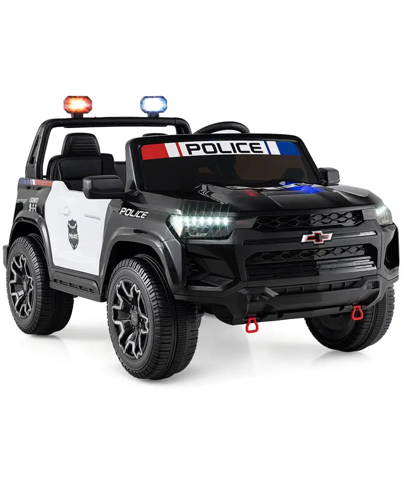 24V 2-Seater Ride on Police Car 4WD Chevrolet with Megaphone and LED Flashing Lights-Black - Black & White - Powered