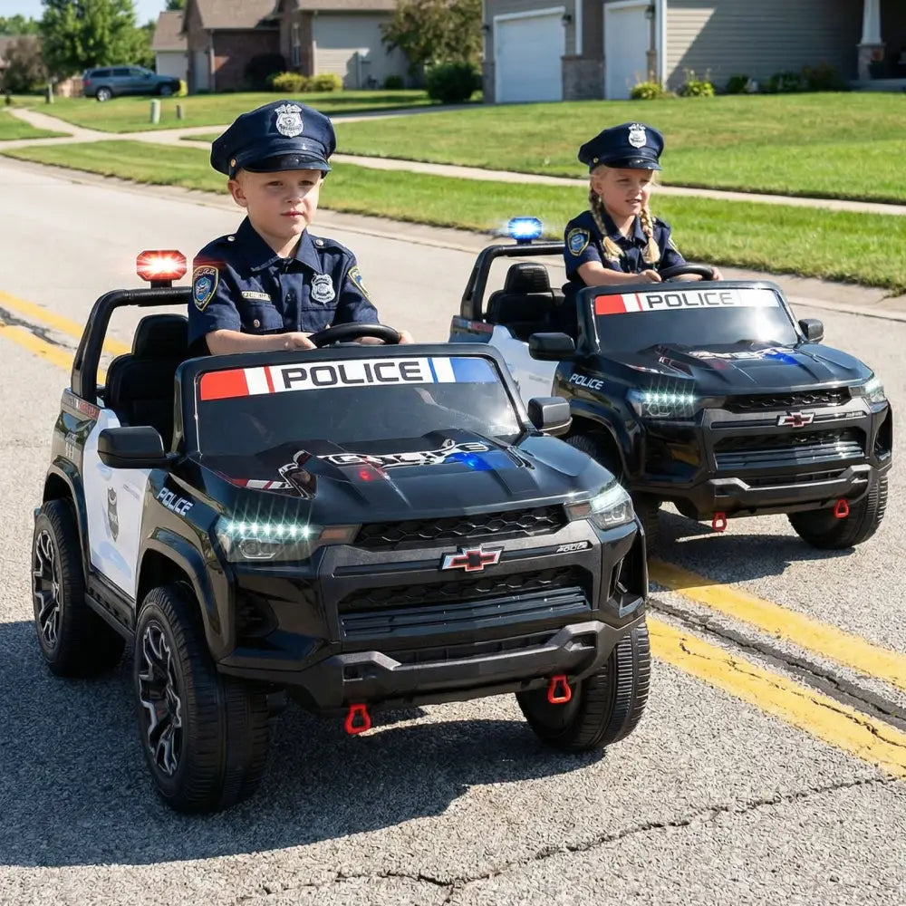 24V 2-Seater Ride on Police Car 4WD Chevrolet with Megaphone and LED Flashing Lights-Black - Black & White - Powered