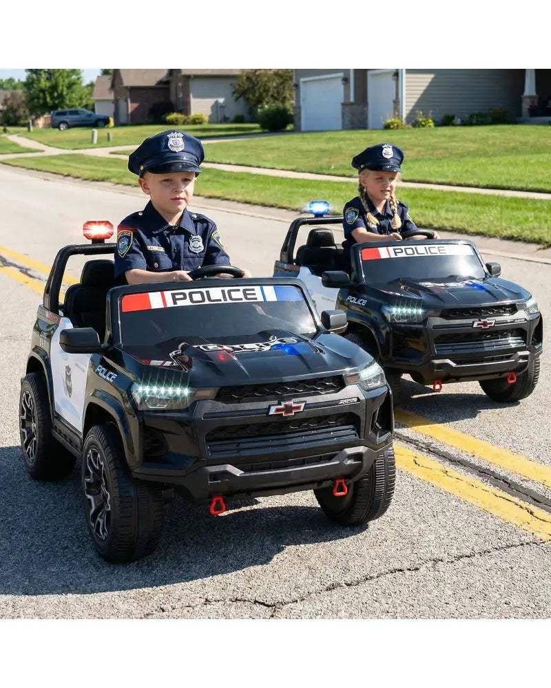 24V 2-Seater Ride on Police Car 4WD Chevrolet with Megaphone and LED Flashing Lights-Black - Black & White - Powered