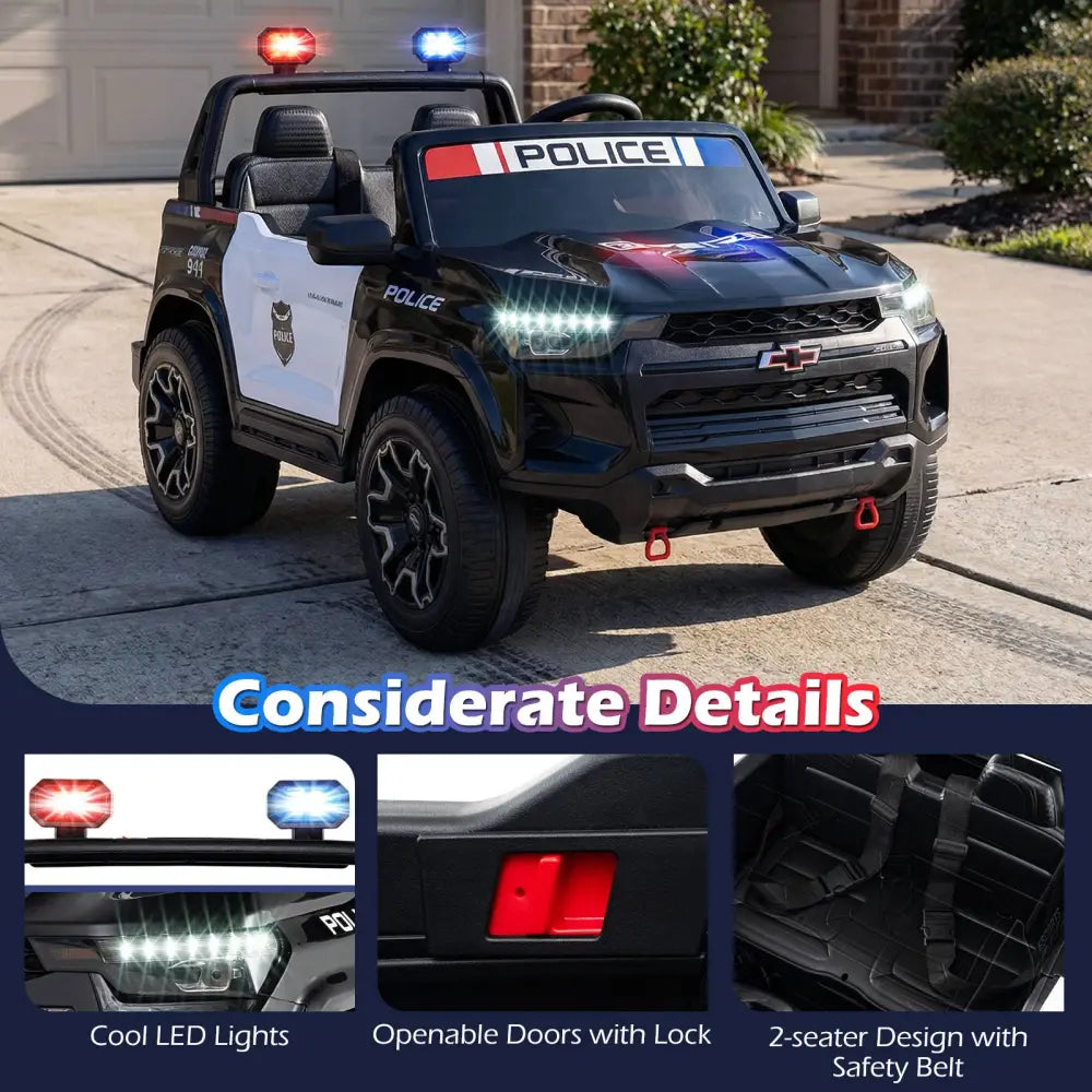 24V 2-Seater Ride on Police Car 4WD Chevrolet with Megaphone and LED Flashing Lights-Black - Black & White - Powered