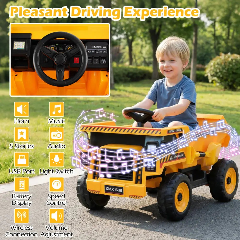 24V Construction Electric Vehicle with Dump Bed and Remote Control for Aged 3-8-Yellow - Yellow - Powered Ride On Toys