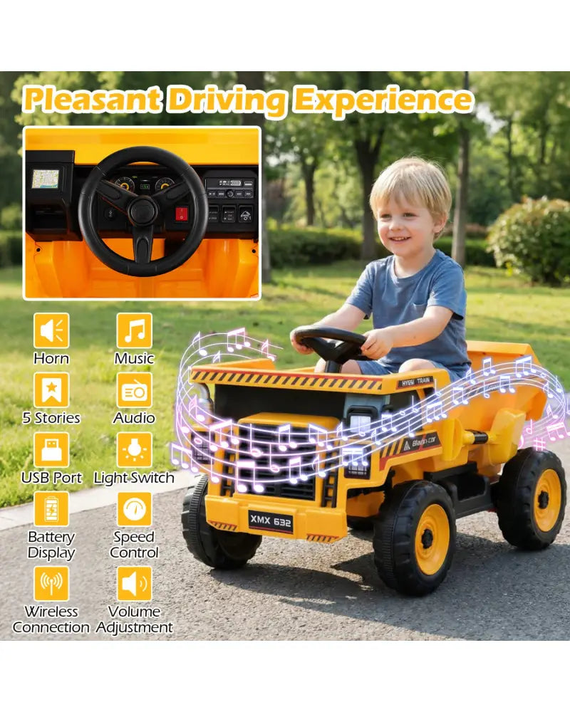 24V Construction Electric Vehicle with Dump Bed and Remote Control for Aged 3-8-Yellow - Yellow - Powered Ride On Toys