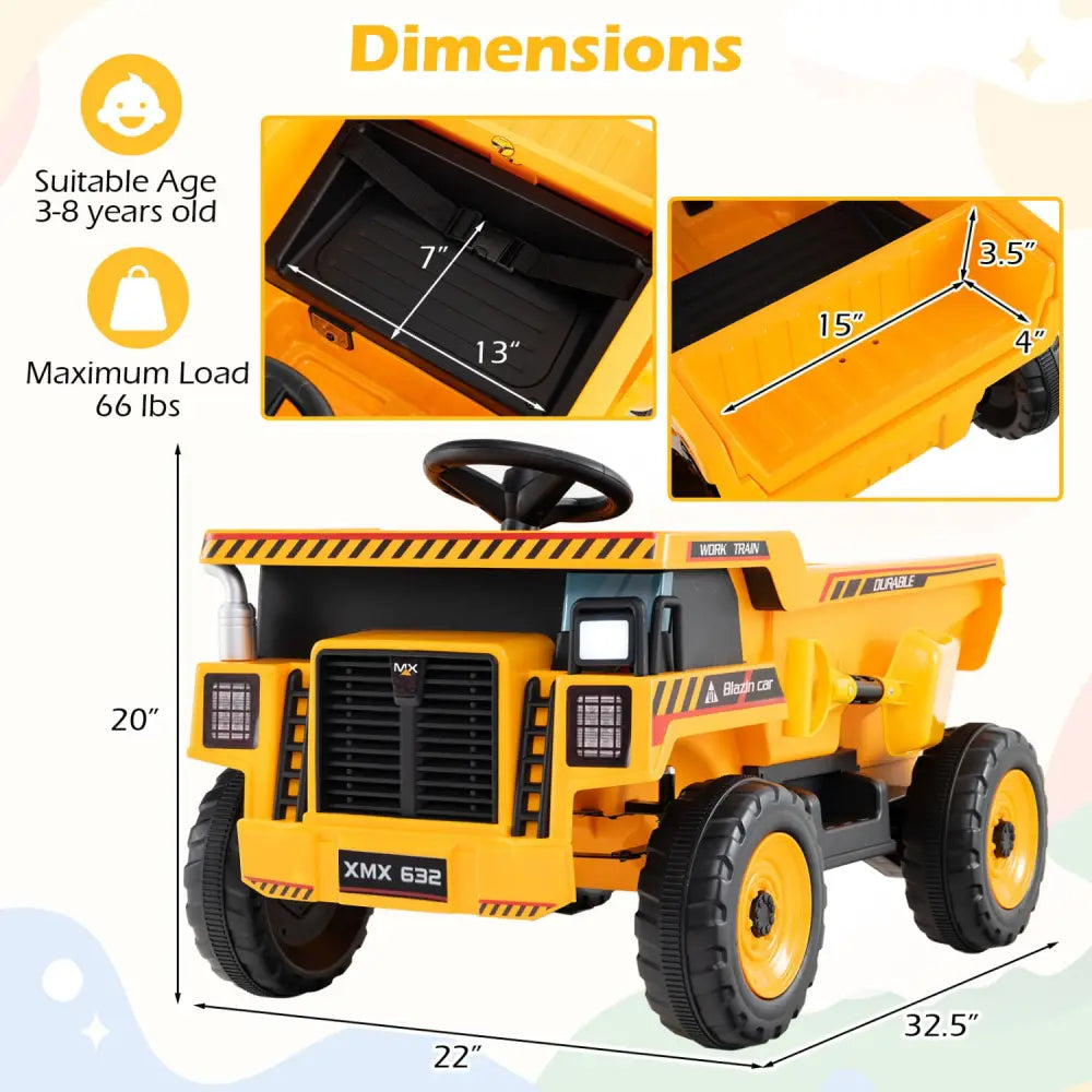 24V Construction Electric Vehicle with Dump Bed and Remote Control for Aged 3-8-Yellow - Yellow - Powered Ride On Toys