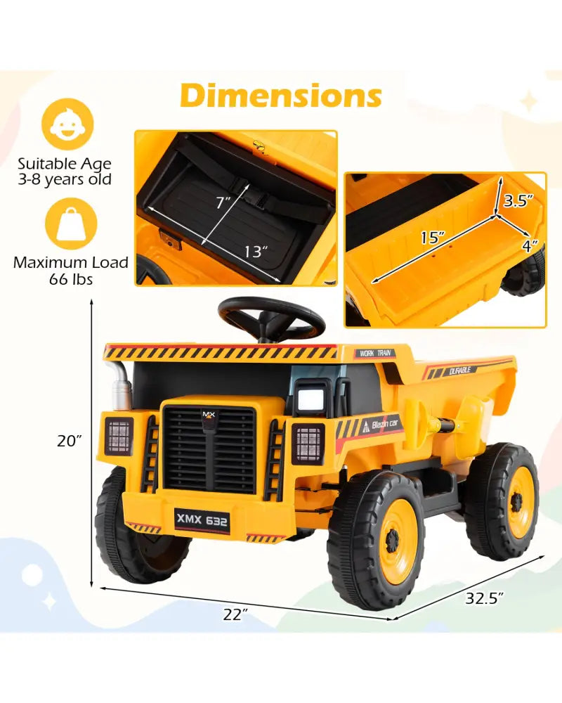 24V Construction Electric Vehicle with Dump Bed and Remote Control for Aged 3-8-Yellow - Yellow - Powered Ride On Toys