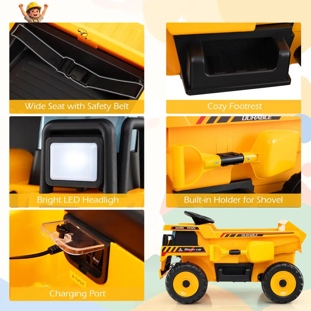 24V Construction Electric Vehicle with Dump Bed and Remote Control for Aged 3-8-Yellow - Yellow - Powered Ride On Toys