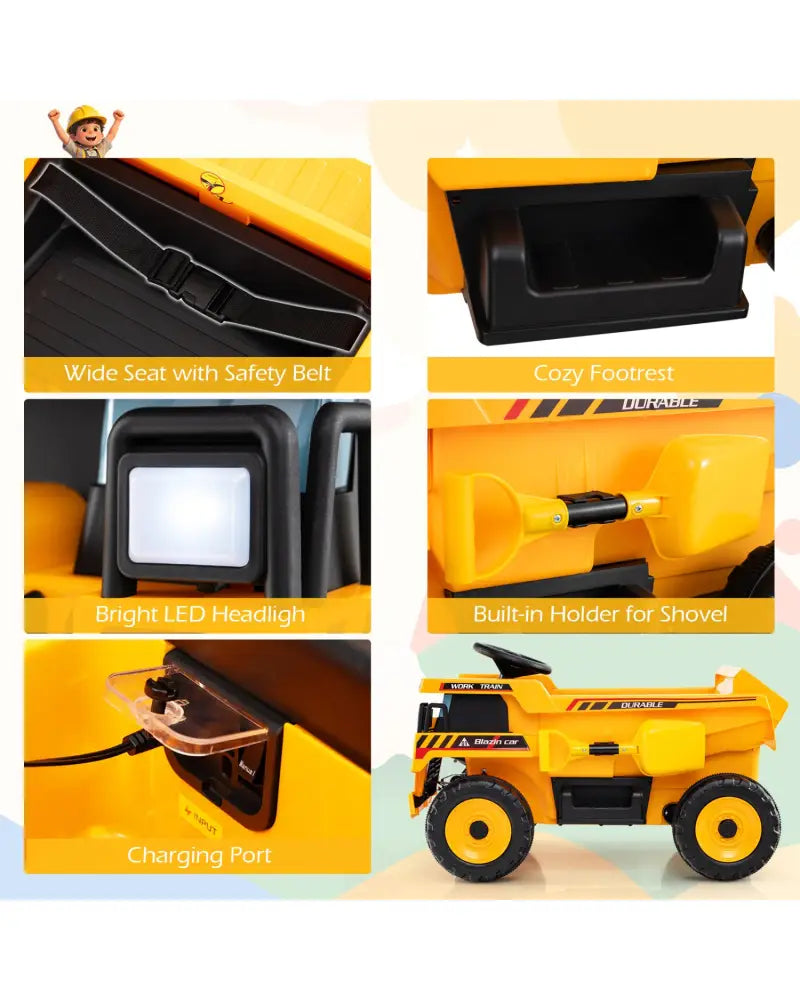 24V Construction Electric Vehicle with Dump Bed and Remote Control for Aged 3-8-Yellow - Yellow - Powered Ride On Toys