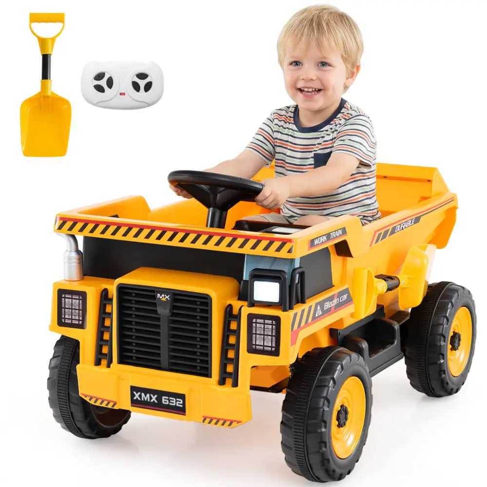 24V Construction Electric Vehicle with Dump Bed and Remote Control for Aged 3-8-Yellow - Yellow - Powered Ride On Toys