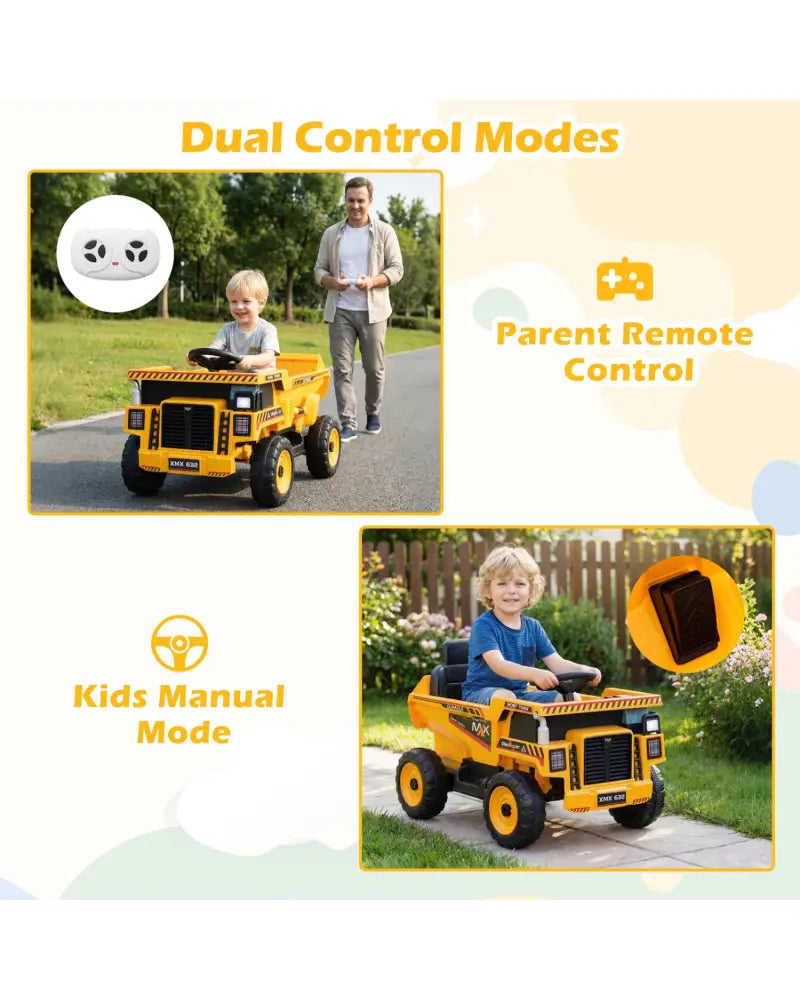 24V Construction Electric Vehicle with Dump Bed and Remote Control for Aged 3-8-Yellow - Yellow - Powered Ride On Toys