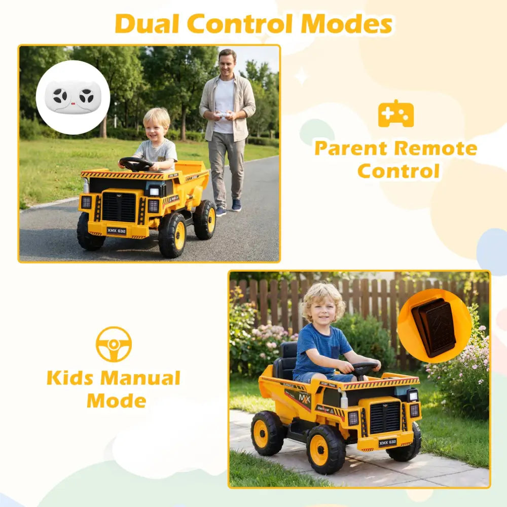 24V Construction Electric Vehicle with Dump Bed and Remote Control for Aged 3-8-Yellow - Yellow - Powered Ride On Toys