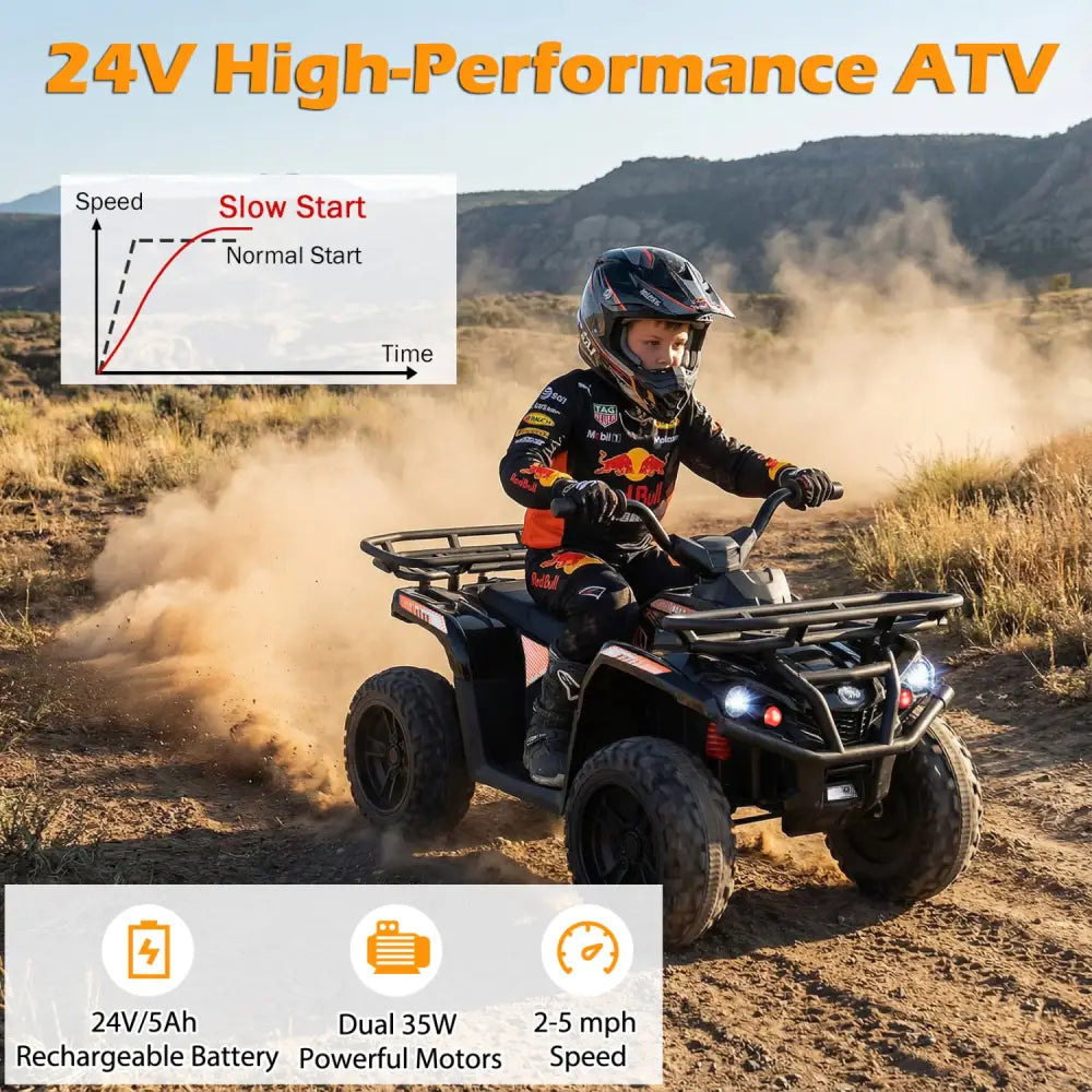 24V Electric Ride On Quad with LED Headlights-Black - Black - Powered Ride On Toys