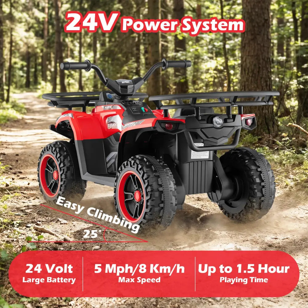24V Electric Ride On Quad with LED Headlights-Red - Red - Powered Ride On Toys