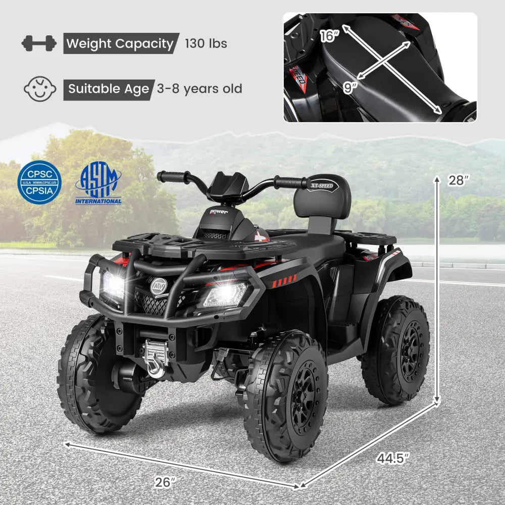 24V Kids ATV 2-Seater with 4 Motors with LED Lights and Music-Black - Black - Powered Ride On Toys