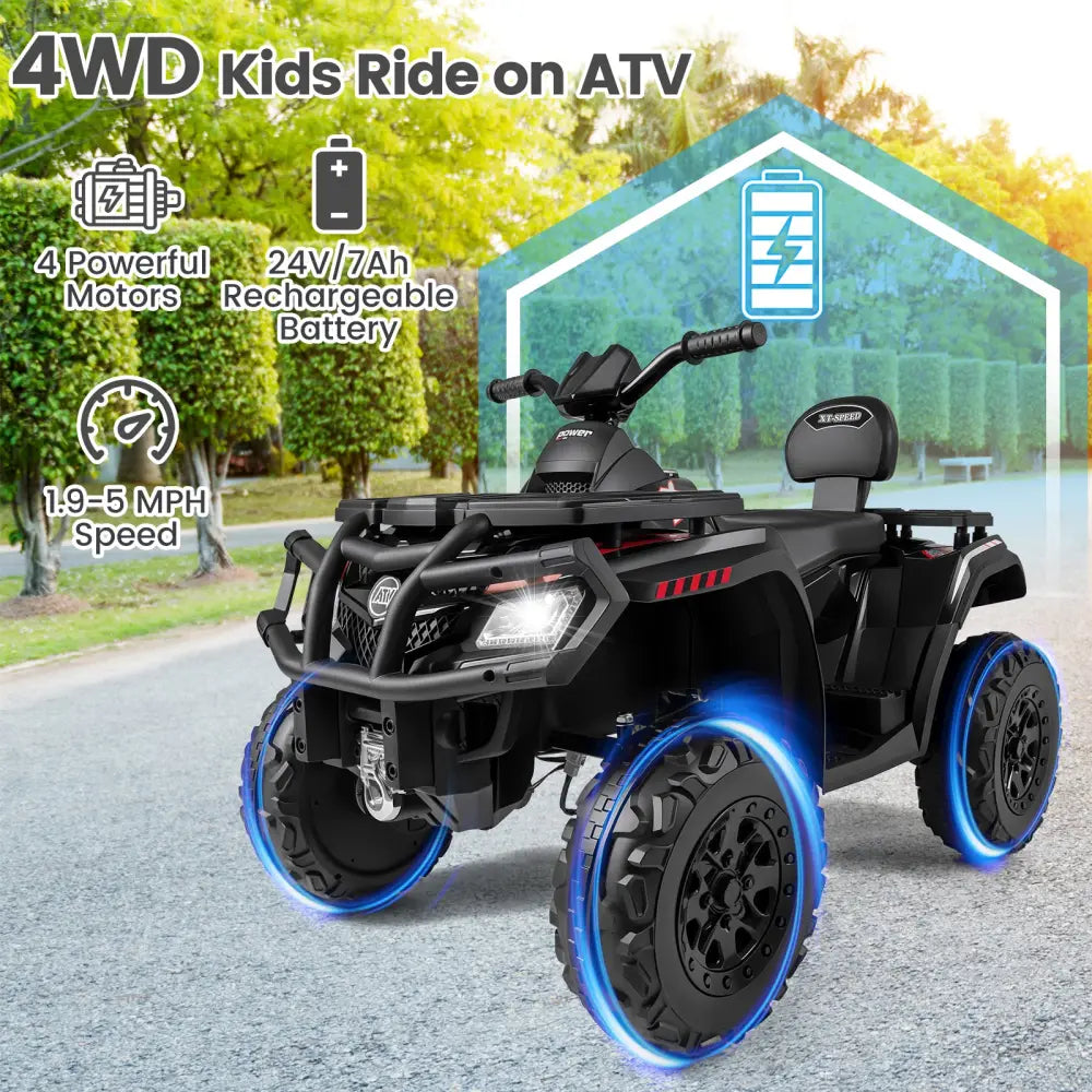 24V Kids ATV 2-Seater with 4 Motors with LED Lights and Music-Black - Black - Powered Ride On Toys