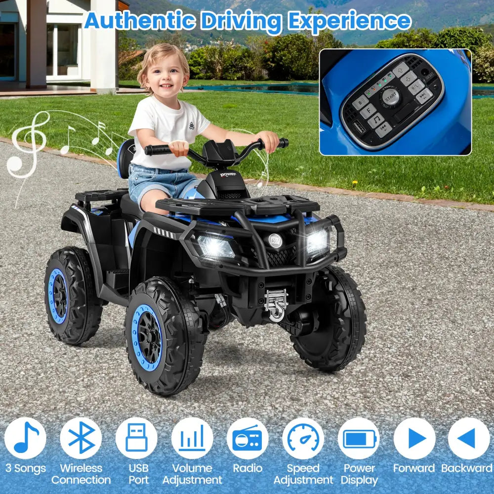 24V Kids ATV 2-Seater with 4 Motors with LED Lights and Music-Blue - Blue - Powered Ride On Toys