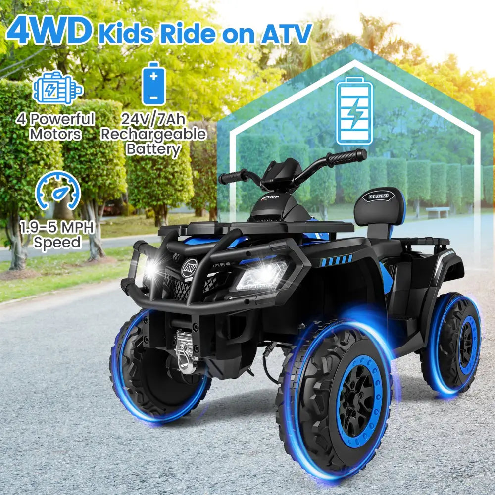 24V Kids ATV 2-Seater with 4 Motors with LED Lights and Music-Blue - Blue - Powered Ride On Toys