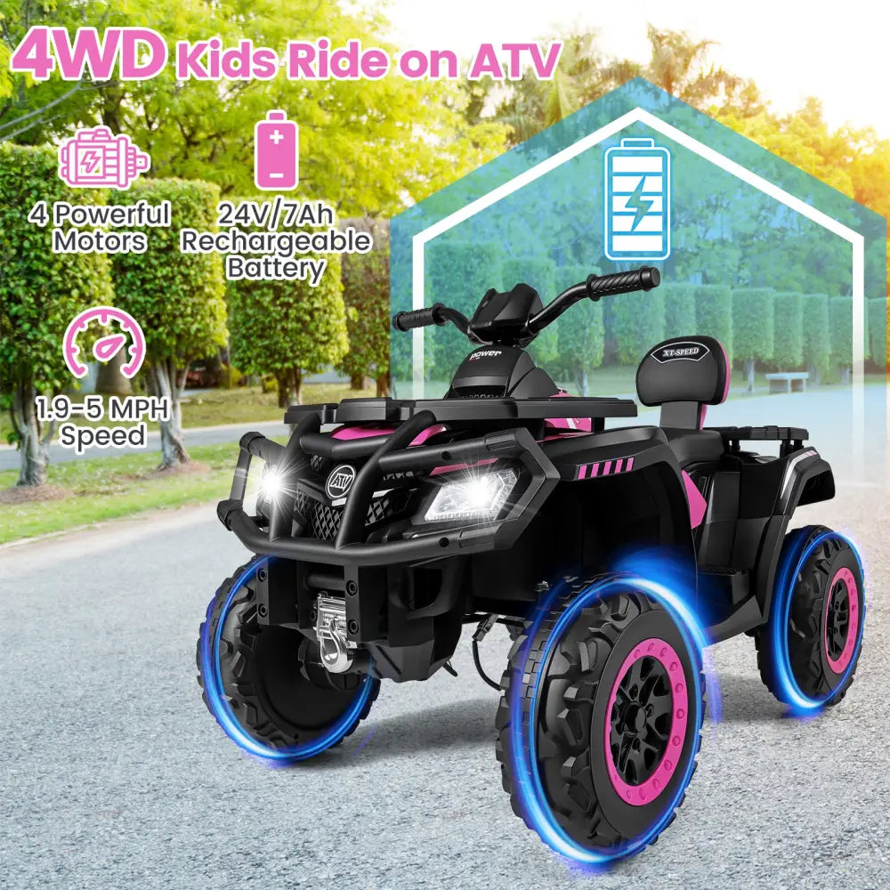 24V Kids ATV 2-Seater with 4 Motors with LED Lights and Music-Pink - Pink - Powered Ride On Toys