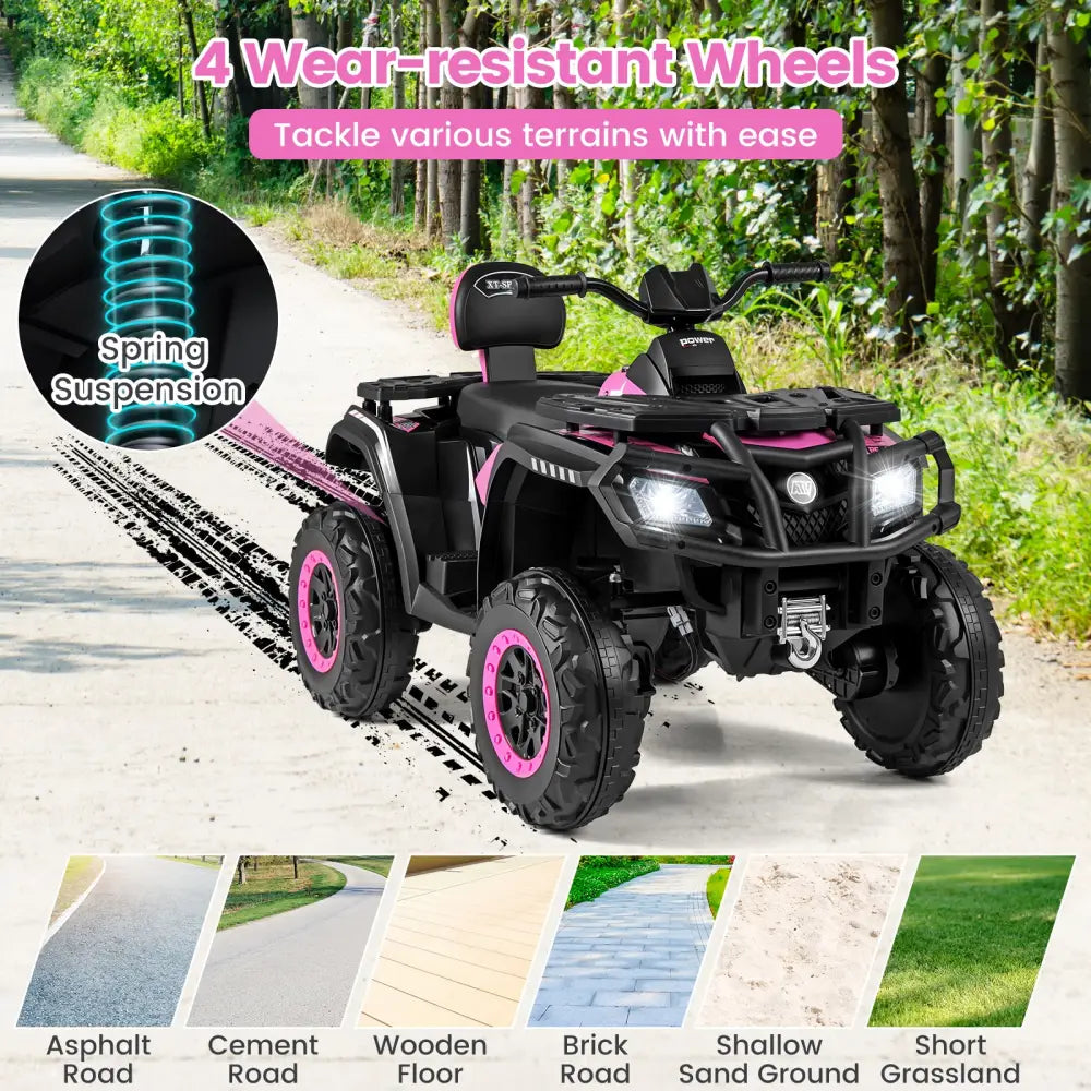 24V Kids ATV 2-Seater with 4 Motors with LED Lights and Music-Pink - Pink - Powered Ride On Toys