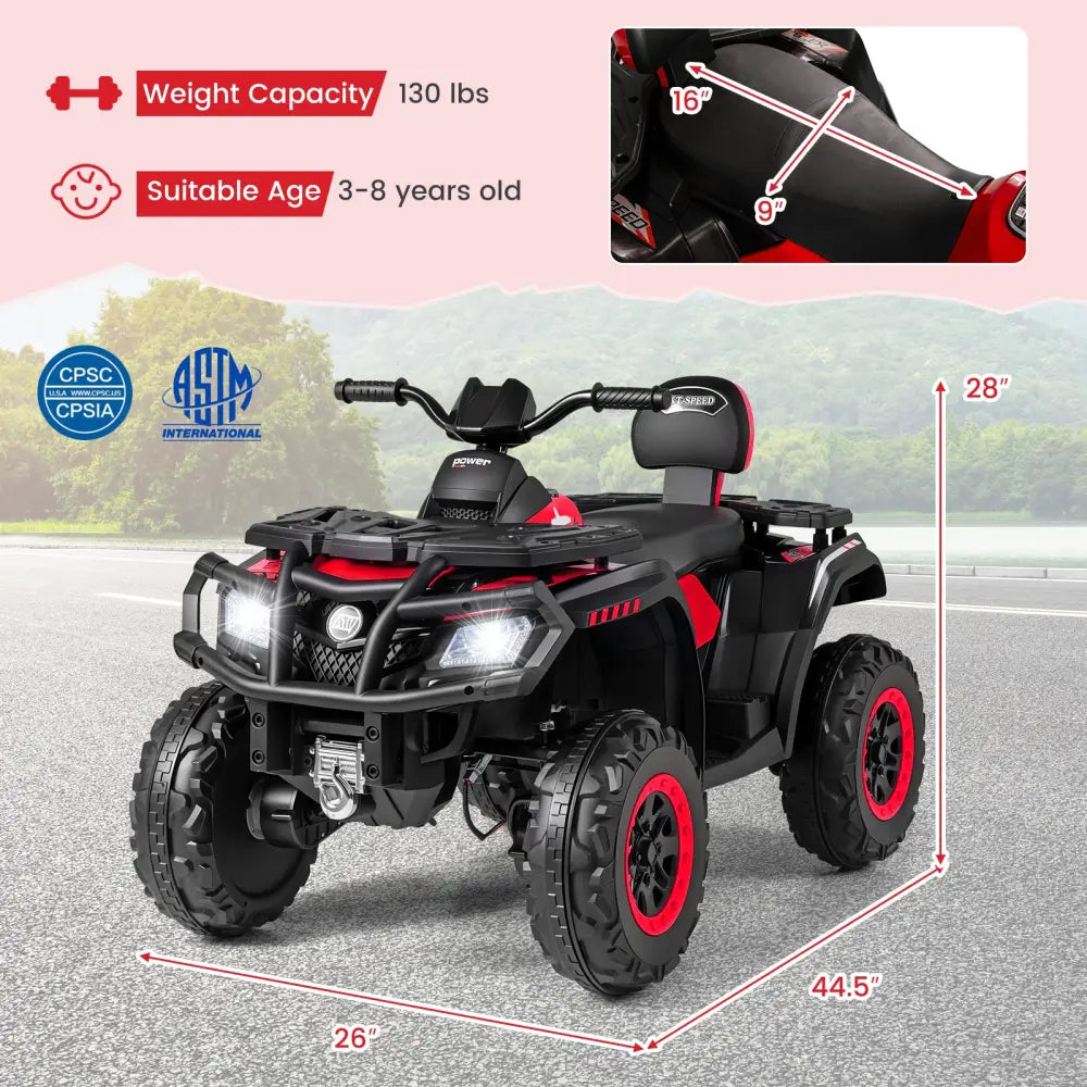 24V Kids ATV 2-Seater with 4 Motors with LED Lights and Music-Red - Red - Powered Ride On Toys