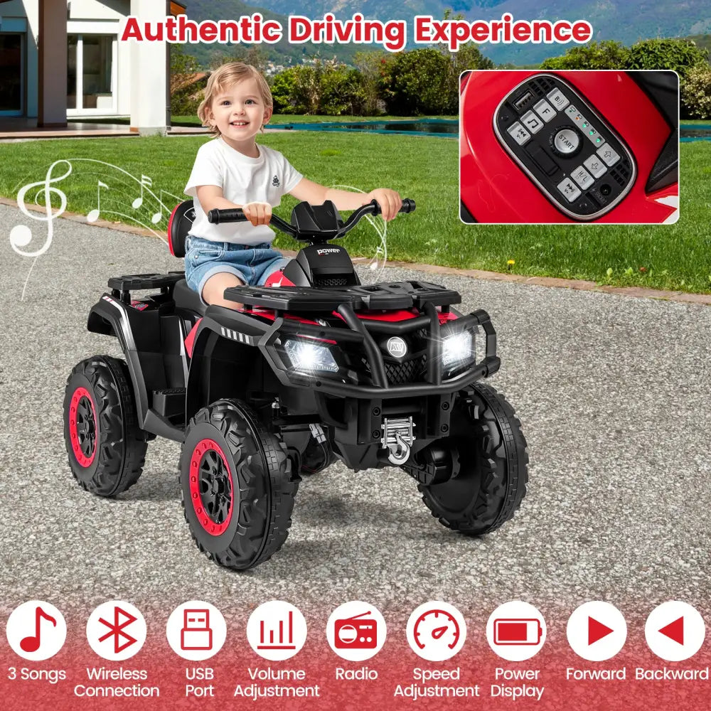 24V Kids ATV 2-Seater with 4 Motors with LED Lights and Music-Red - Red - Powered Ride On Toys