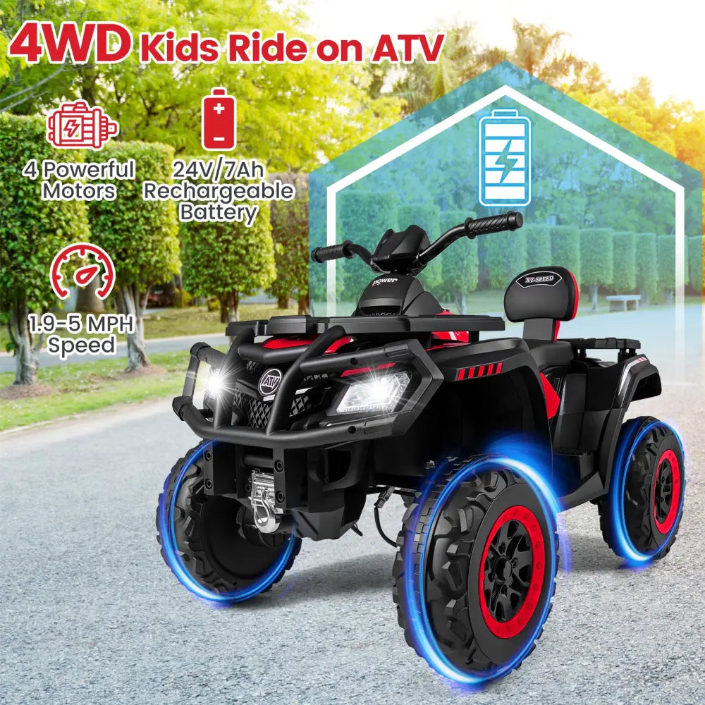 24V Kids ATV 2-Seater with 4 Motors with LED Lights and Music-Red - Red - Powered Ride On Toys