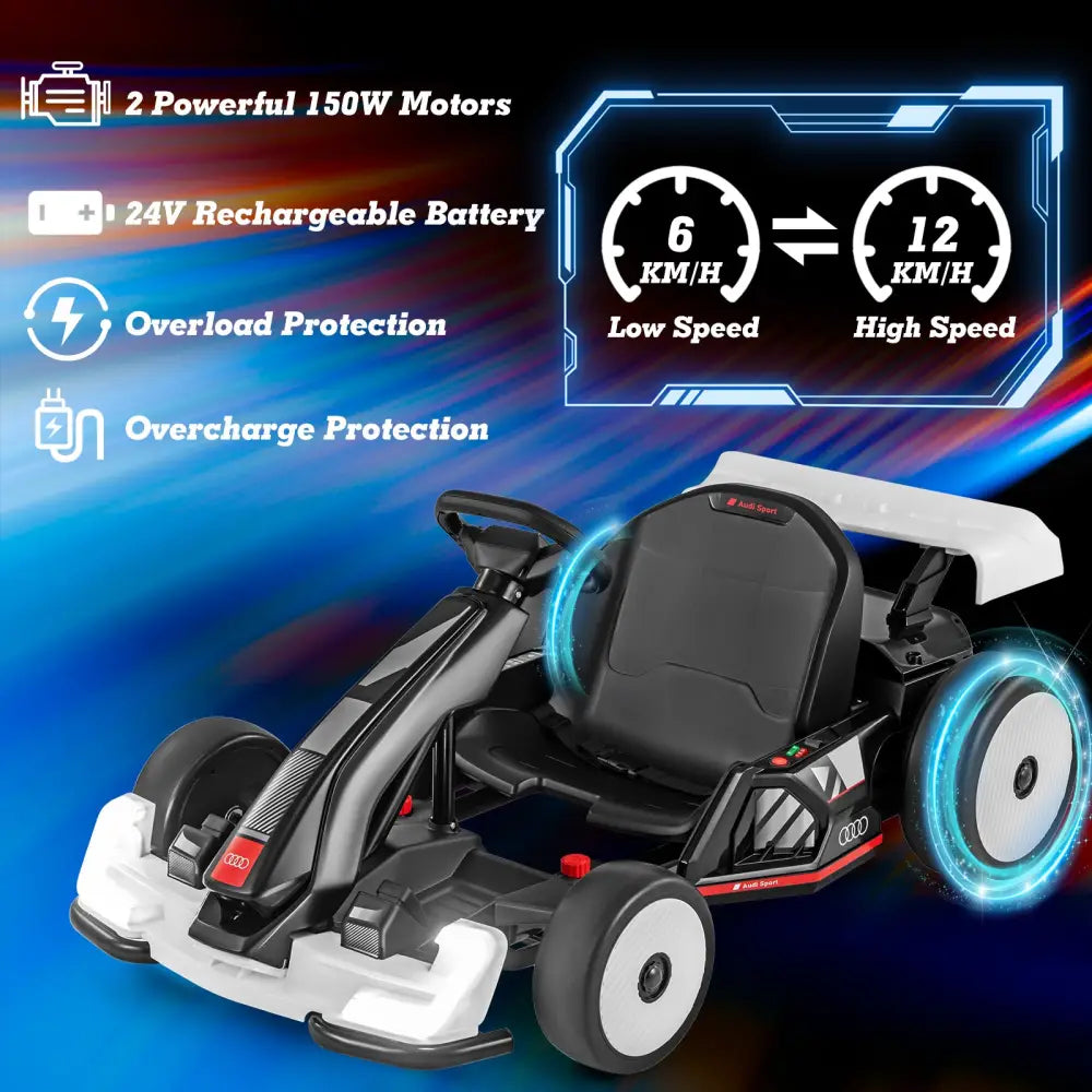 24V Kids Go Kart Licensed Audi Adjustable Ride on Racing Toy with Horn-Black & White - Black & White - Powered Ride