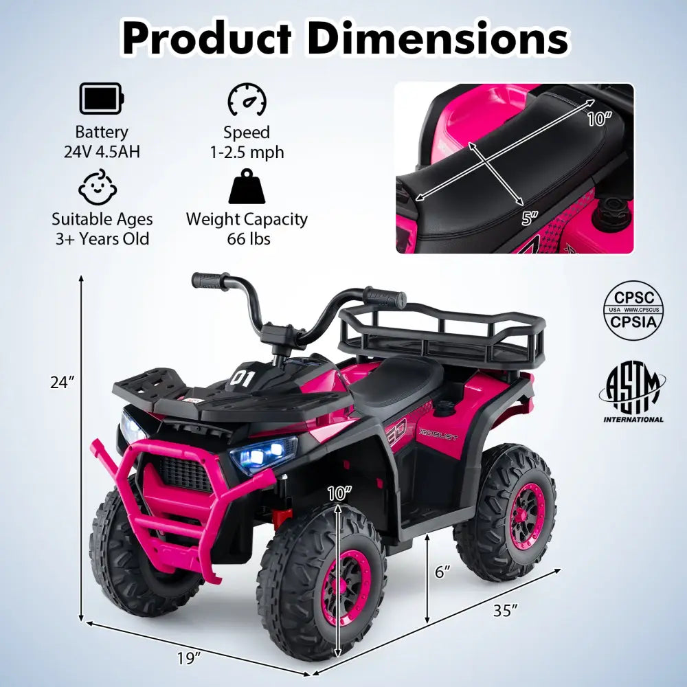 24V Kids Ride on Electric ATV Quad Car with Realistic Sounds and LED Lights-Pink - Pink - Powered Ride On Toys