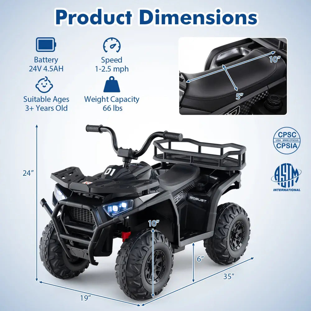 24V Kids Ride on Electric ATV Quad Car with Realistic Sounds and LED Lights-Black - Black - Powered Ride On Toys