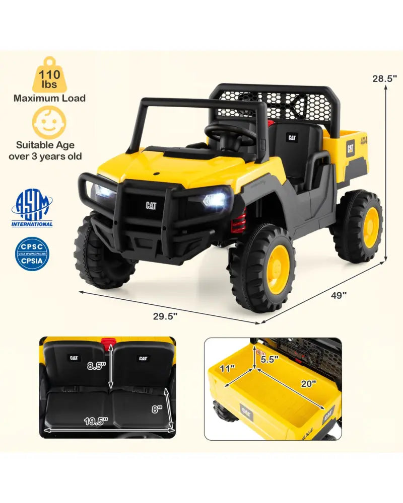 24V Ride On Dump Truck Licensed Caterpillar 2-Seater for Girls Boys-Yellow - Yellow - Powered Ride On Toys