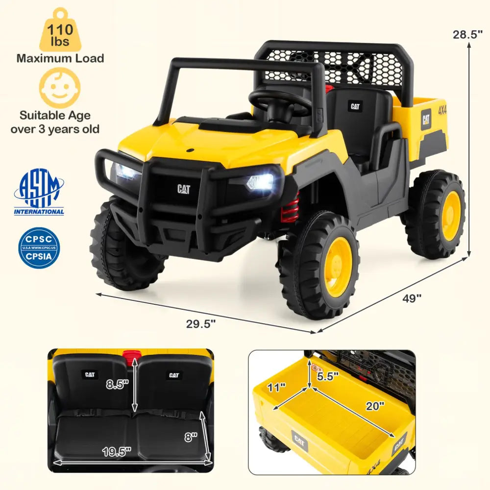 24V Ride On Dump Truck Licensed Caterpillar 2-Seater for Girls Boys-Yellow - Yellow - Powered Ride On Toys