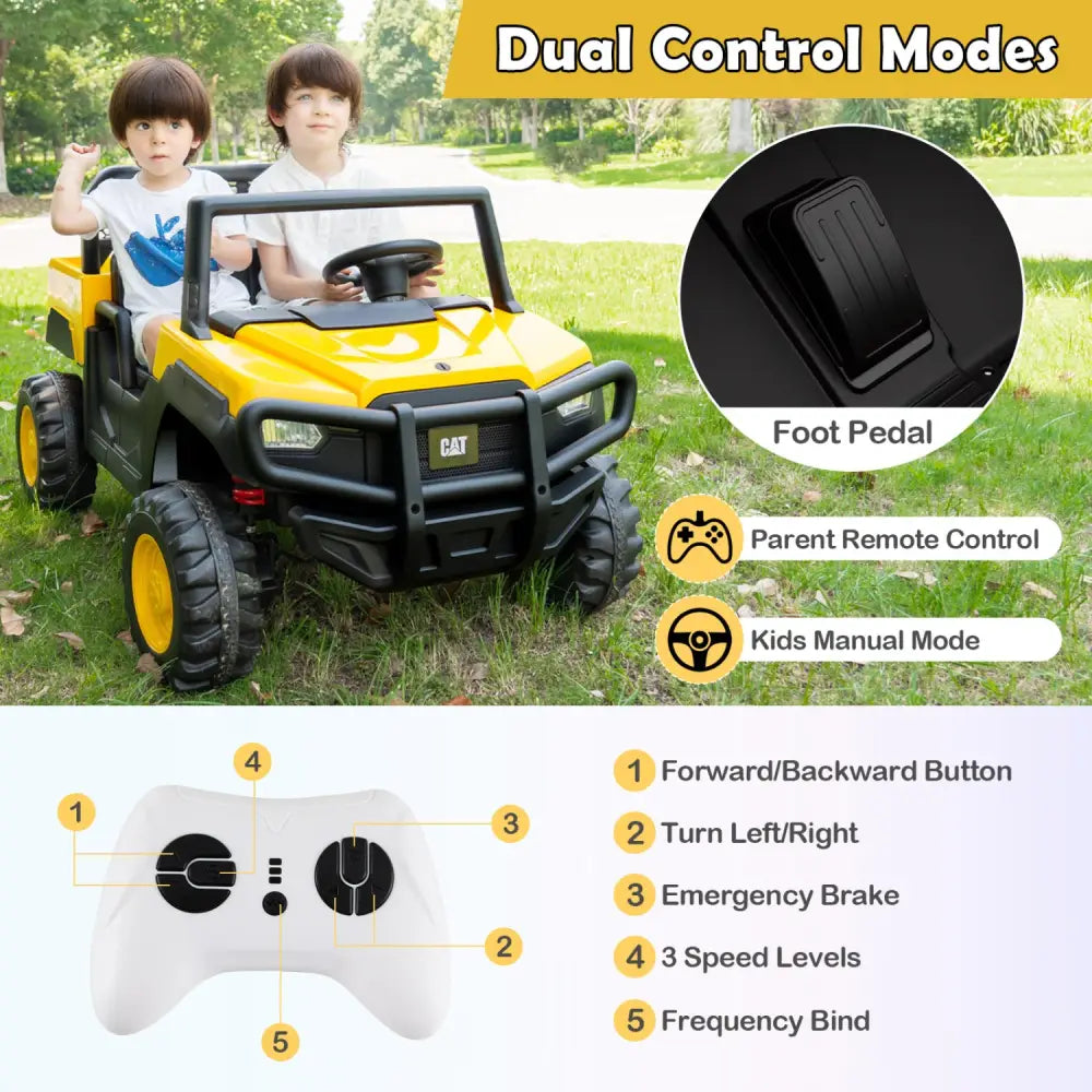 24V Ride On Dump Truck Licensed Caterpillar 2-Seater for Girls Boys-Yellow - Yellow - Powered Ride On Toys