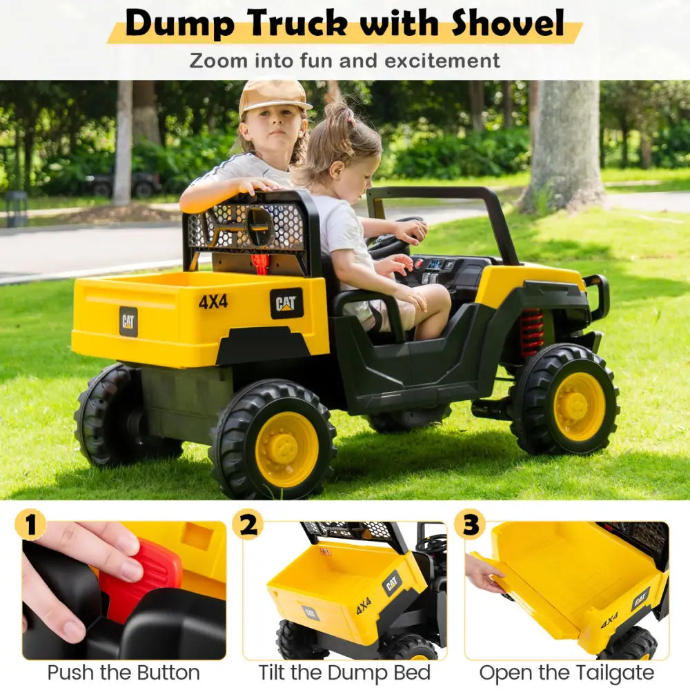 24V Ride On Dump Truck Licensed Caterpillar 2-Seater for Girls Boys-Yellow - Yellow - Powered Ride On Toys